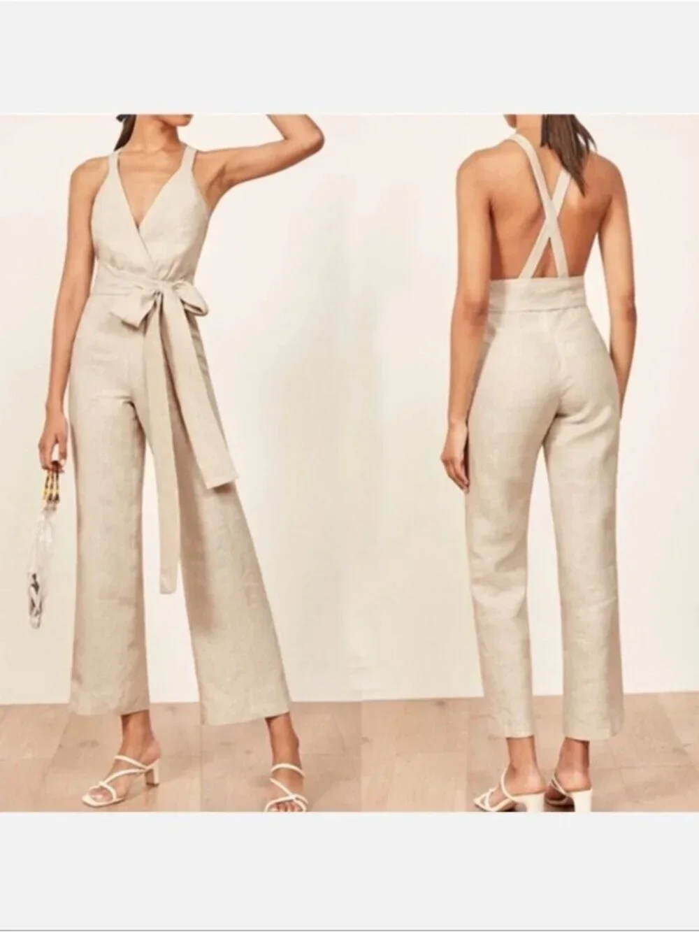 NWOT REFORMATION Dani Linen Crossback Jumpsuit in Sand Size 4